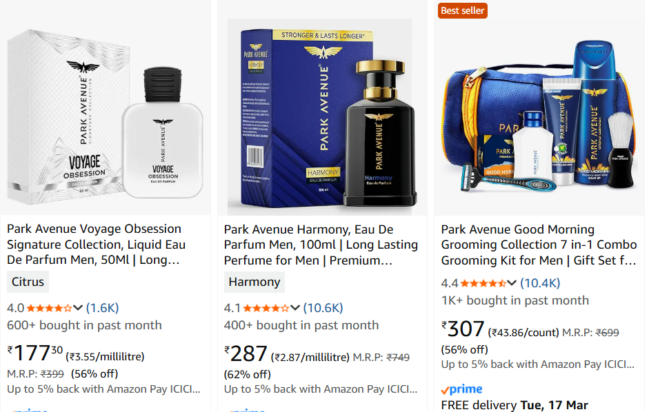 Park Avenue Beauty upto 62% off starting From Rs.188 @ Amazon
