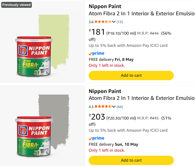 Nippon Paint upto 60% off starting From Rs.181 @ Amazon