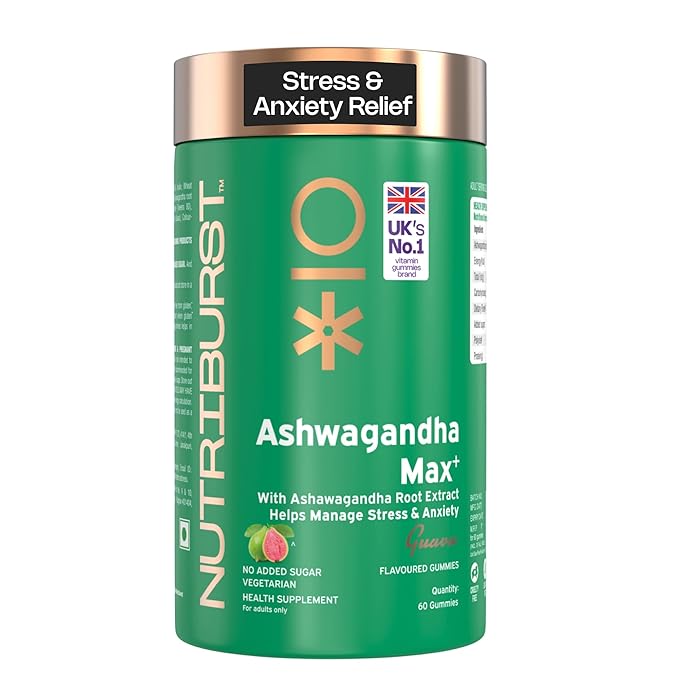 Nutriburst Ashwagandha Max 500mg Gummies for Stress & Anxiety Relief | Boosts Energy, Stamina & Vitality | Helps Relax Mind & Body | Sugar Free | Guava Flavour | 60 Gummies Rs. 299 - Amazon