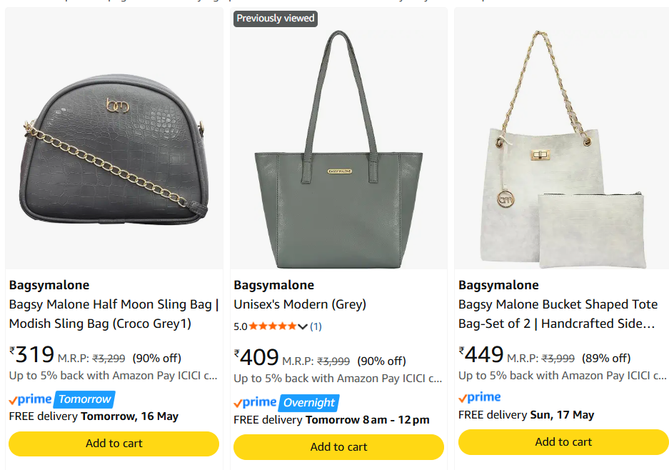 Bagsymalone Unisex's Modern(Grey) Handbags upto 90% off starting From Rs.319 @ Amazon
