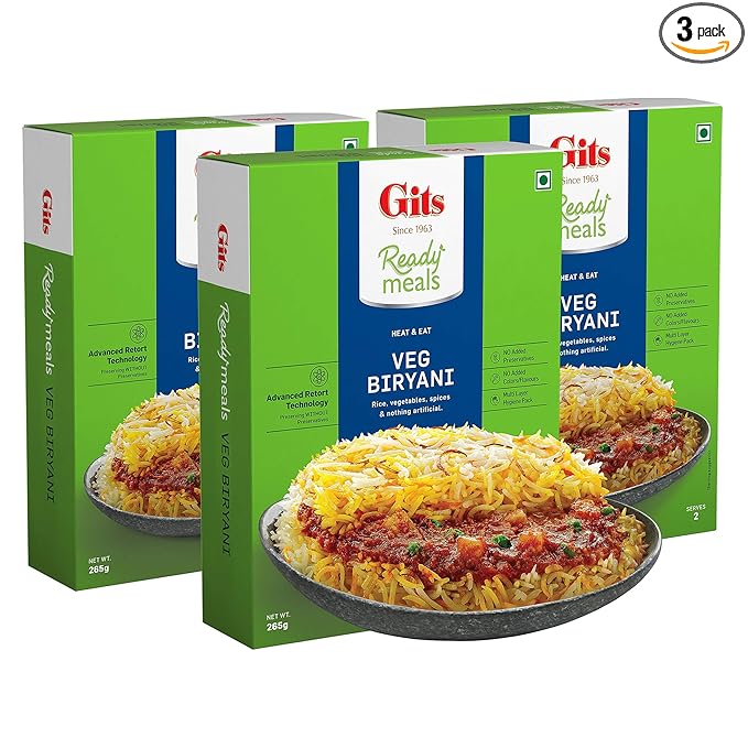 Gits Ready to Eat Veg Biryani, Layered Rice Dish, Microwaveable, 795g (Pack of 3 X 265g Each) Rs.335 @ Amazon