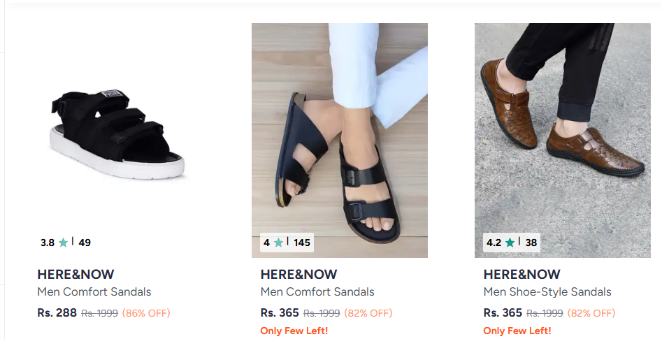 Here And Now Men's Sandals upto 89% off starting From Rs.288 @ myntra