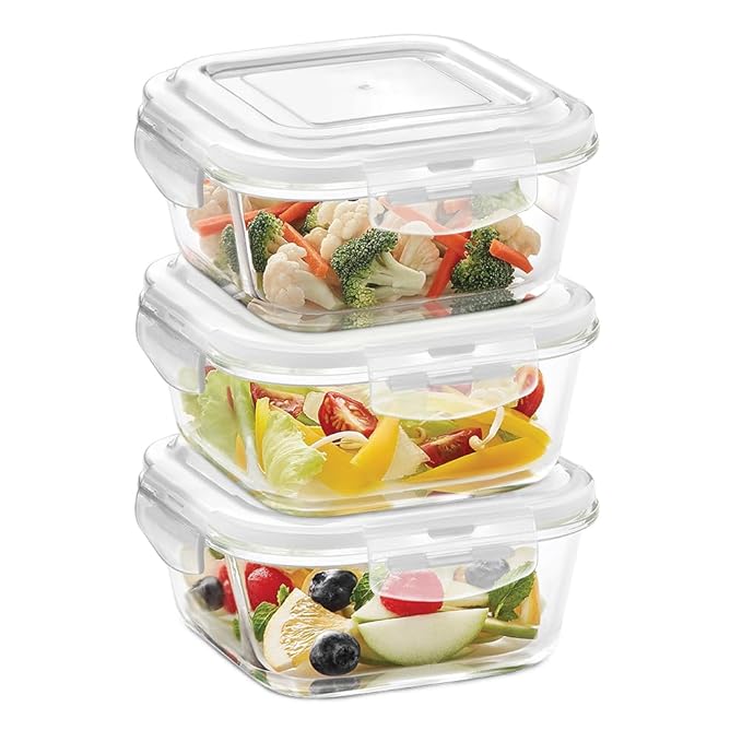 Borosil Klip n Store (520ml x 3) Square Glass Food Storage Container Set with Air Tight Lid | Borosilicate Glass Container for Lunchbox | Microwave & Dishwasher Safe | Transparent Rs. 509 - Amazon