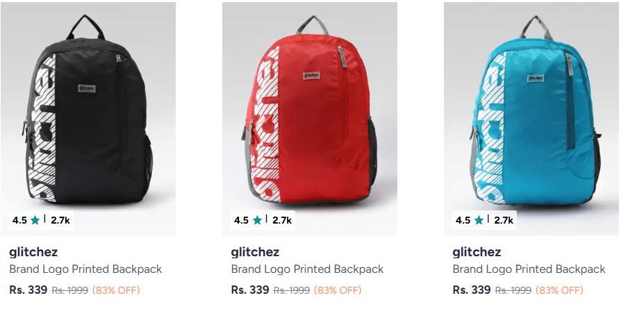 glitchez Backpack upto 83% off starting From Rs.339 @ myntra