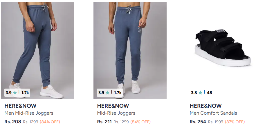 Here & Now Men's Clothing upto 87% off starting From Rs.208 @ myntra