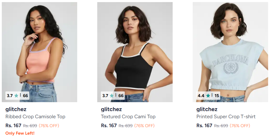 Glitchez Women's Clothing upto 79% off starting From Rs.167 @ myntra