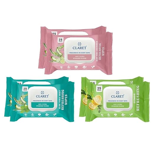 Claret Wet Wipes Combo | Aloe Vera Cucumber, Aloe Vera Mint & Lemon | 25 Pulls Each | Alcohol-Free & pH Balanced | Purified Water Wipes (Pack Of 6) Rs. 204 - Amazon