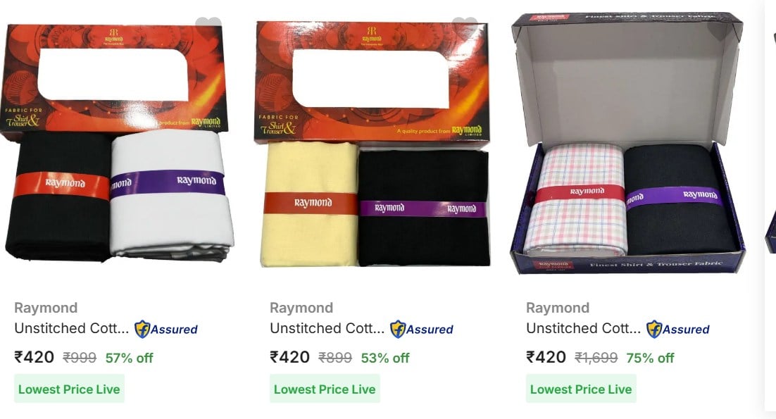 Raymond Men's Shirt And Trouser Fabrics upto 75% off starting From Rs.420 @ flipkart