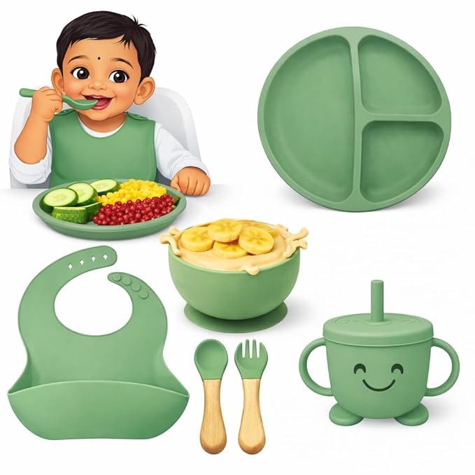 SJC Global – 6 PCS (Green) Silicone Toddler Adjustable Tableware Set | Suction Bowl, Plate, Spoon, Fork, Bib & Cup for Babies | Silicone Baby Feeding Kit for Infants | BPA Free Food Grade Rs. 569 - Amazon