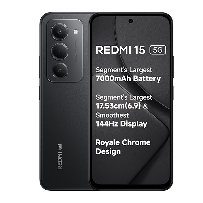 [Coupon + SBI/Axis CC EMI ] Redmi 15 5G Midnight Black 8GB + 256GB | Segment's Largest 7000mAhA Battery | Segment's Largest Display 17.53cm(6.9) Up to 144Hz | Snapdragon 6s Gen 3 | 18W Reverse Charging | 50MP AI Dual Camera Rs. 22498 - Amazon