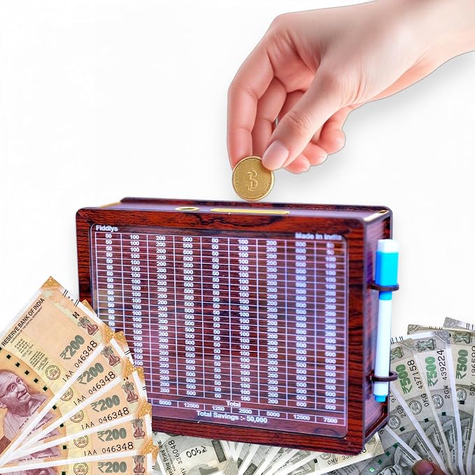 Fiddlys Wooden Money/Piggy Bank, Money Coin for Kids/Children, Savings Challenge Cashbox, Cash Vault Savings Box,Coin Piggy Bank (Wood, Rs 50,000) Reusable/Interchangable Rs. 91 - Amazon