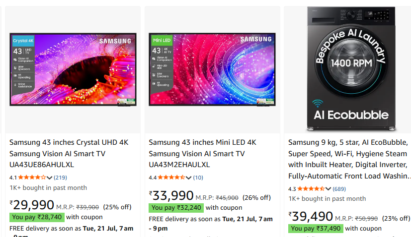 Apply Coupon On Sumsung Product + Bank Offer upto 51% off starting From Rs.23250 @ amazon