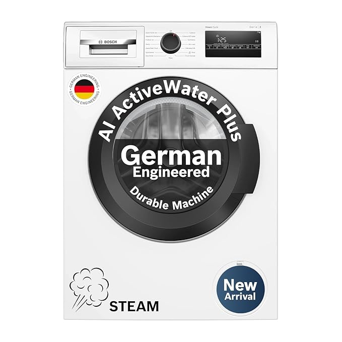 [SBI / Axis Bank C EMI ] Bosch 7 kg 5 Star Front Load Fully-Automatic Washing Machine, Steam Antibacterial Tech, AI ActiveWater, 15 Wash Programs, 53L Large Drum, SoftCare Paddle, White, WAJ24263IN (2026 Model) Rs. 23740 - Amazon