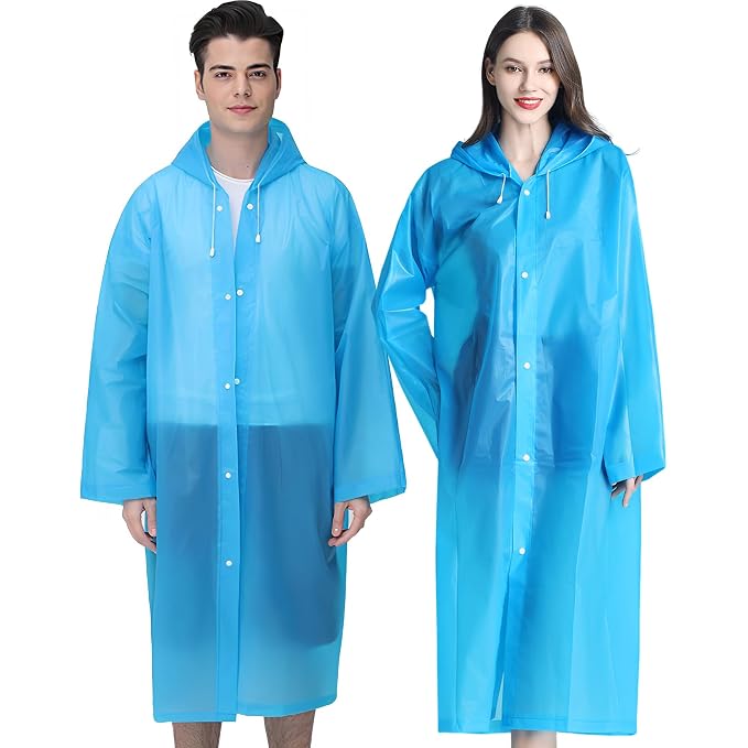 Rain Ponchos, 2 Packs Reusable Ponchos for Adults with Drawstring Hood and Sleeves, Emergency Rain Coat for Theme Park, Hiking, Camping or Traveling (Blue) (B-Blue)