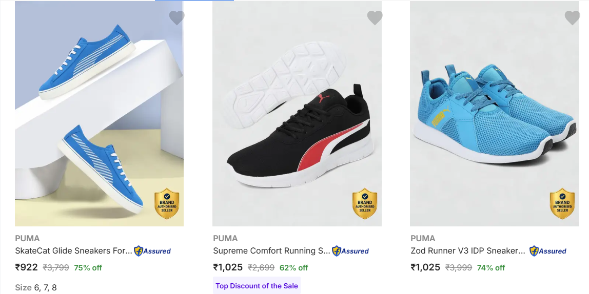 Puma Men's Shoes upto 77% off starting From Rs.1025 @ flipkart