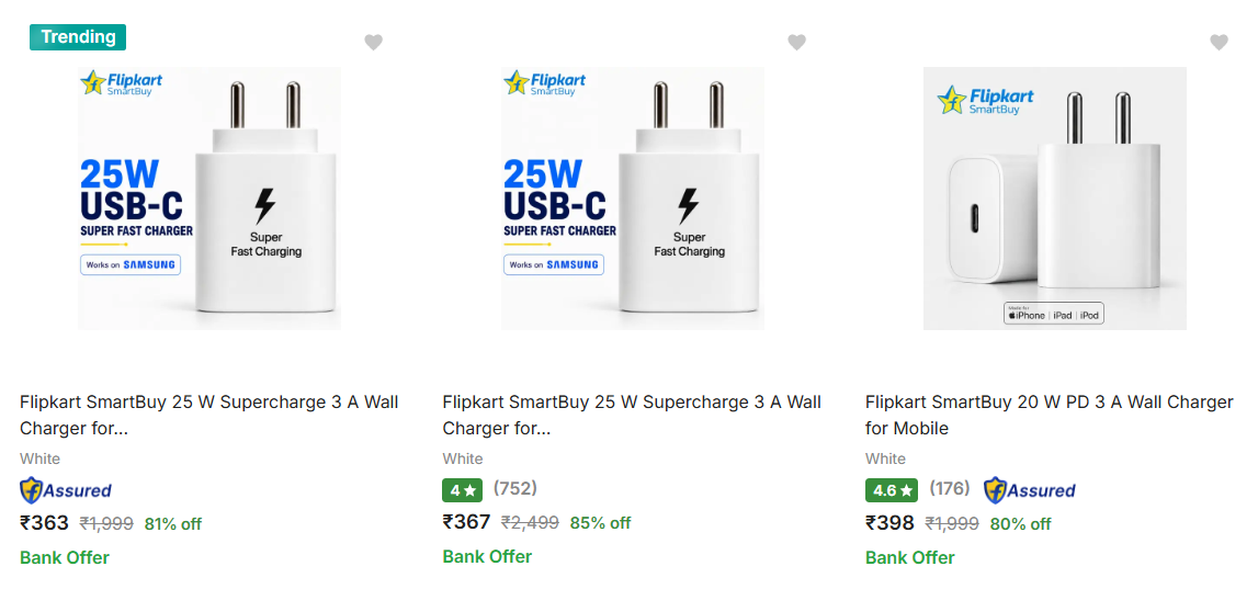 Flipkart SmartBuy Chargers upto 85% off starting From Rs.363 @ flipkart