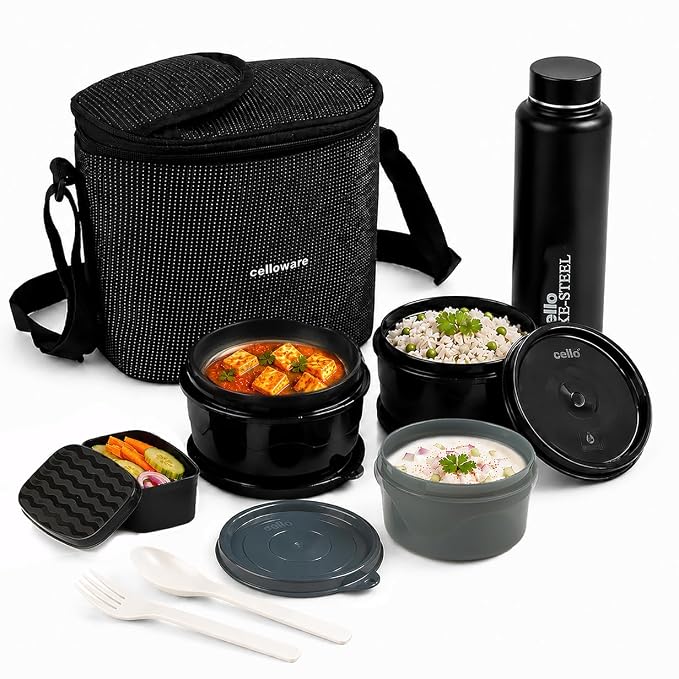 Buy CELLO Munch Mate Lunch Box with Bag for Office Use Black | 375ml x 2 Microwave Safe Containers, 300ml + 175ml Plastic Containers, 800ml Water Bottle with Fork & Spoon, Airtight Tiffin Box for Travel Online at Low Prices in India