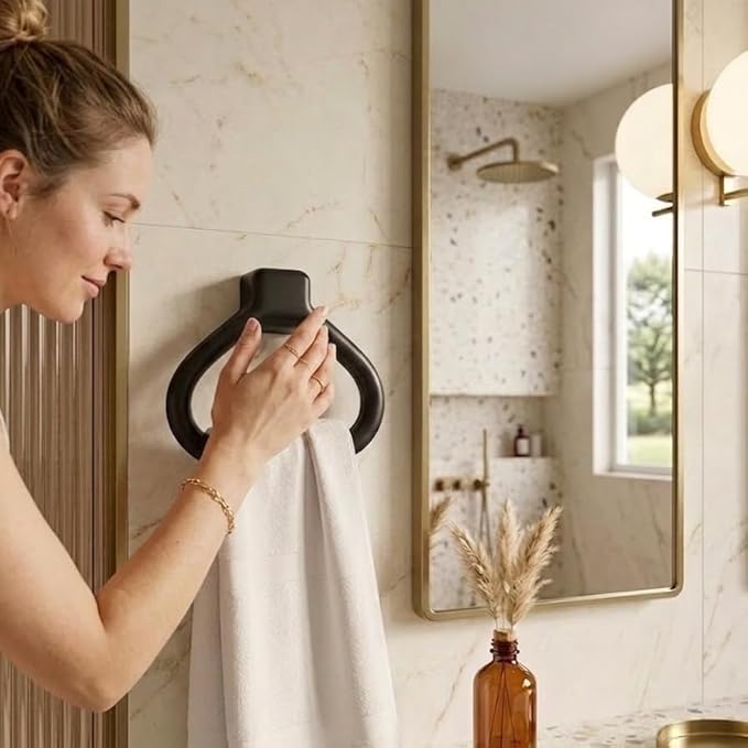 CIPLA PLAST Modern Wall Mounted Towel Ring Holder | Self-Adhesive Towel Ring for Bathroom | Premium Plastic Bathroom Hand Towel Hanger, Durable & Rust-Free, Easy Installation, (Black) Rs. 135 - Amazon