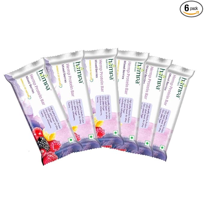 [Apply 5% Coupon] Hampa Hemp protein Bar 50g | Mixed Berries Flavour | 10g Plant Protein | No Whey, Vegan Friendly | No Added Sugar, Sweetened with Dates | Anytime Snack with Edestine Protein | Pack of 6 Rs. 237 - Amazon