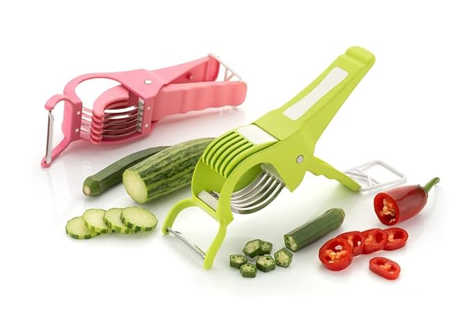 [Apply 9% Coupon] Clazkit Pack of 2 Plastic 2 in 1 Vegetable & Fruit Multi & Peeler, Veg Sharp Stainless Steel 5 Blade Vegetable Cutter with Peeler (Multi) Rs. 122 - Amazon