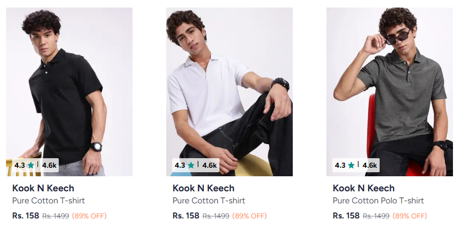 Kook N Keech T shirts For Men's upto 89% off starting From Rs.158 @ myntra