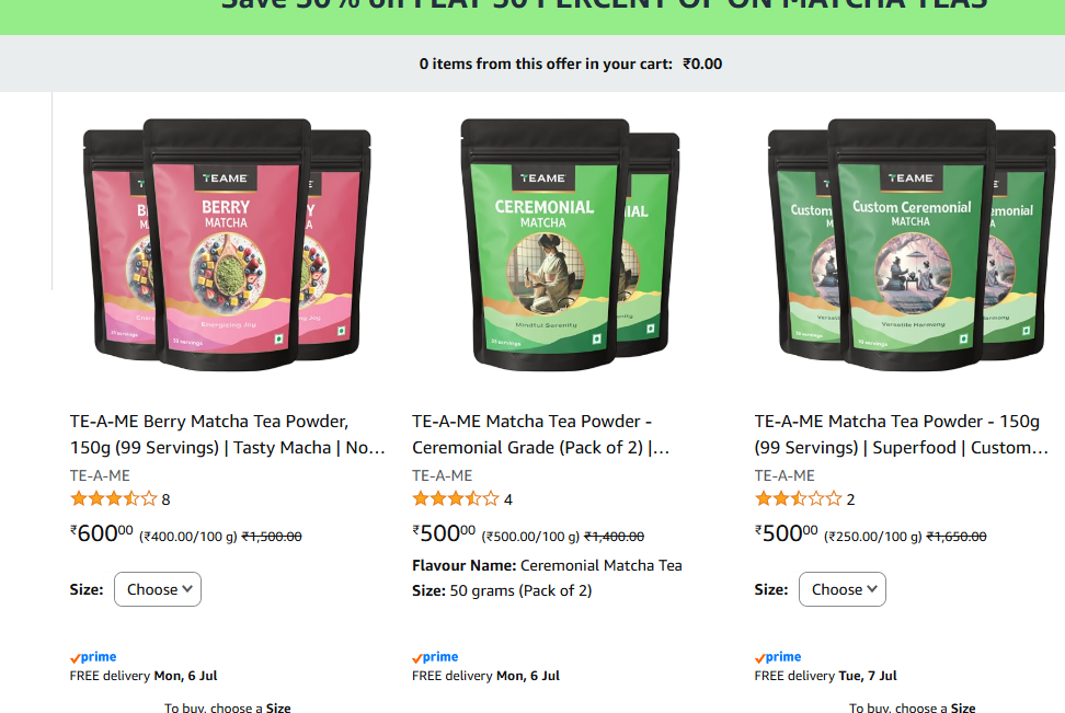 Amazon.in: Save 50% on FLAT 50 PERCENT OF ON MATCHA TEAS promotion