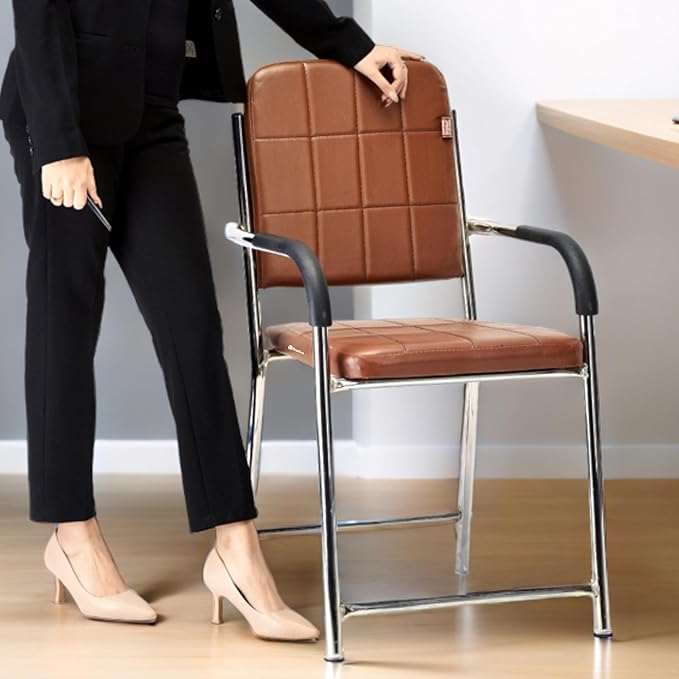 Office Chair Visitor Chair with arm Rest with Steel Frame and Cushioned seat Back, Chair Without Wheels Holds up to 110 kg Heavy Design (1, Brownn, Standard) Rs. 2165 - Amazon