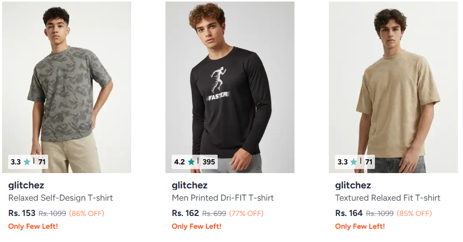 Glitchez Men's Clothing upto 86% off starting From Rs.153 @ myntra