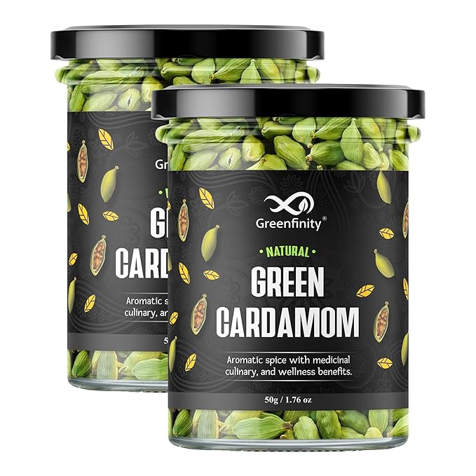 GreenFinity Whole Green Cardamom (Elaichi) – 100g | 8 mm Bold Size | Premium Grade | Aromatic • Non-GMO • Fresh & Large Pods for Cooking, Baking & Tea [50g x 2] Rs. 299 - Amazon