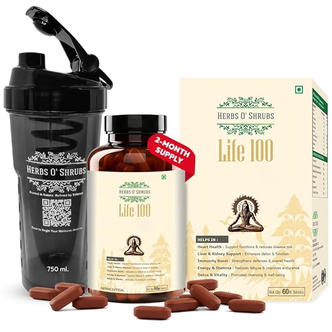 Herbs O' Shrubs Life-100 | Daily Energy, Vitality & Antioxidant Support  Tablets | 60 Tablets with CoQ10, Ashwagandha, Spirulina, Resveratrol & L- Carnitine | Slow Down Aging | Boosts the Immunity Rs. 288 - Amazon